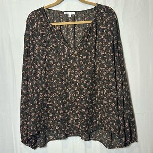 DR2 Floral Browns Blouse Size XL Semi Sheer V Neck like new